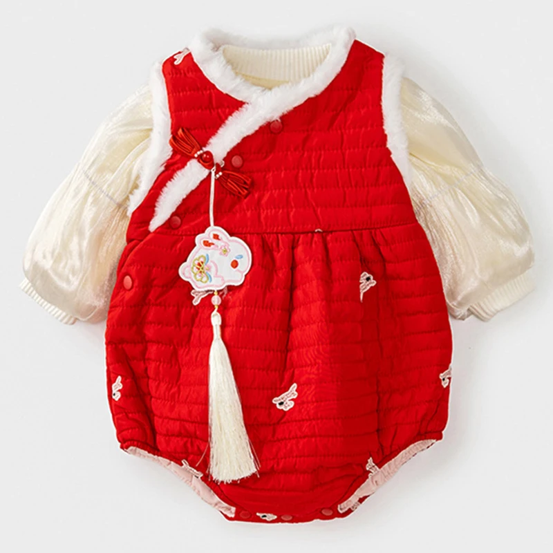 Pelele bebé niña invierno conjunto polar rojo estilo chino