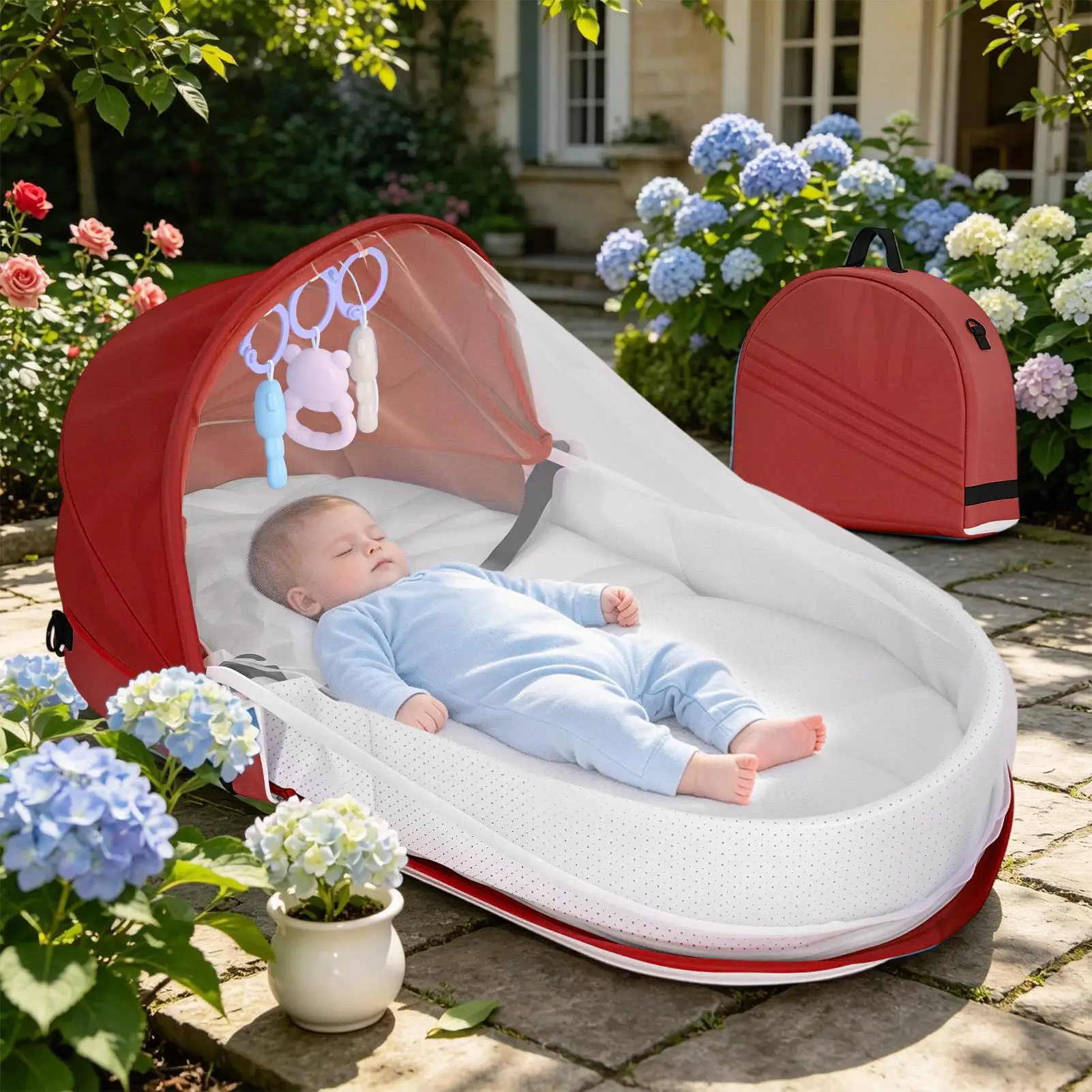Cama de viaje infantil plegable con parasol, ligera y portátil - imagen 5