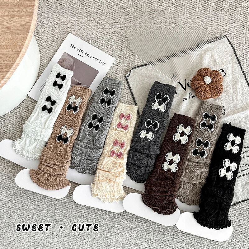 Calcetines de invierno para niñas con lazos dobles térmicos en punto - imagen 4