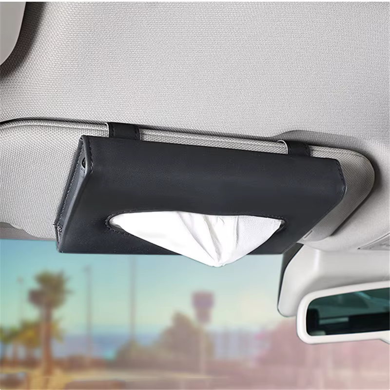 Caja de pañuelos para coche en cuero PU con soporte parasol compacto
