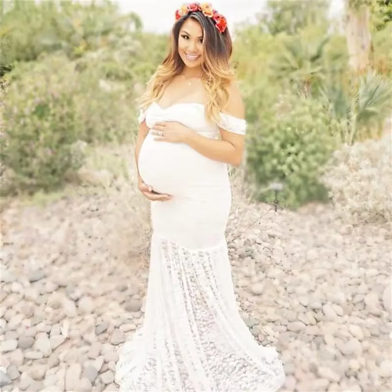 Vestido premamá largo con elegancia de enfermería y hombros descubiertos - imagen 4