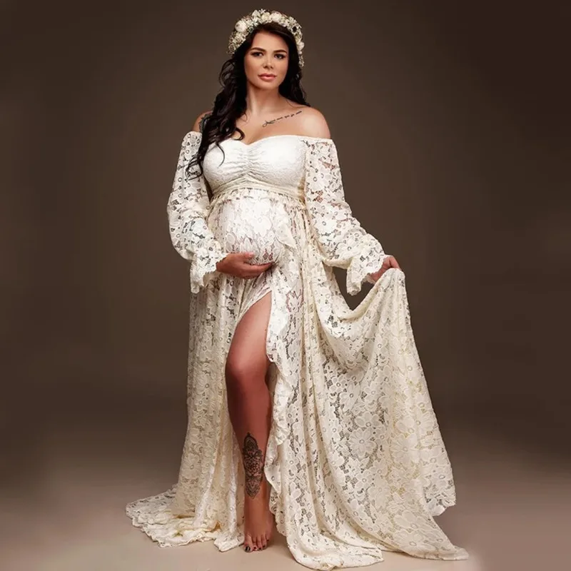 Vestido boho de maternidad con encaje y volantes