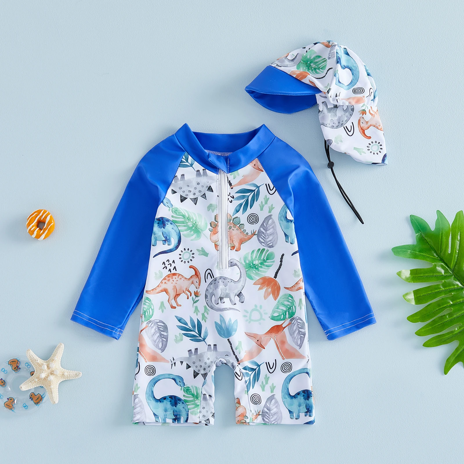 VISgogo traje de baño niño manga larga con gorro dinosaurio