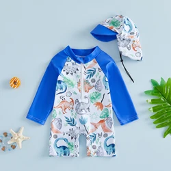 VISgogo traje de baño niño manga larga con gorro dinosaurio