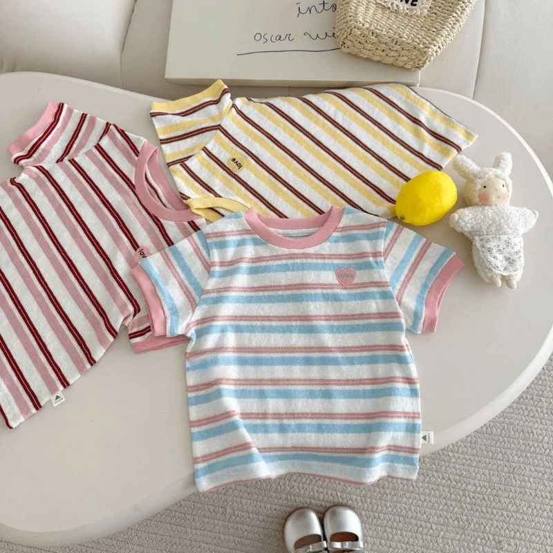 Camiseta niña manga corta a rayas rosas con bloques de color verano - imagen 5