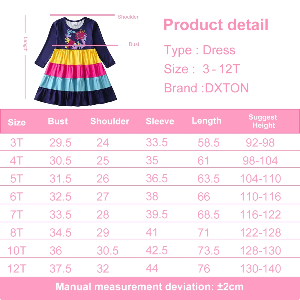 Vestido de manga larga infantil con estampado de unicornio DXTON