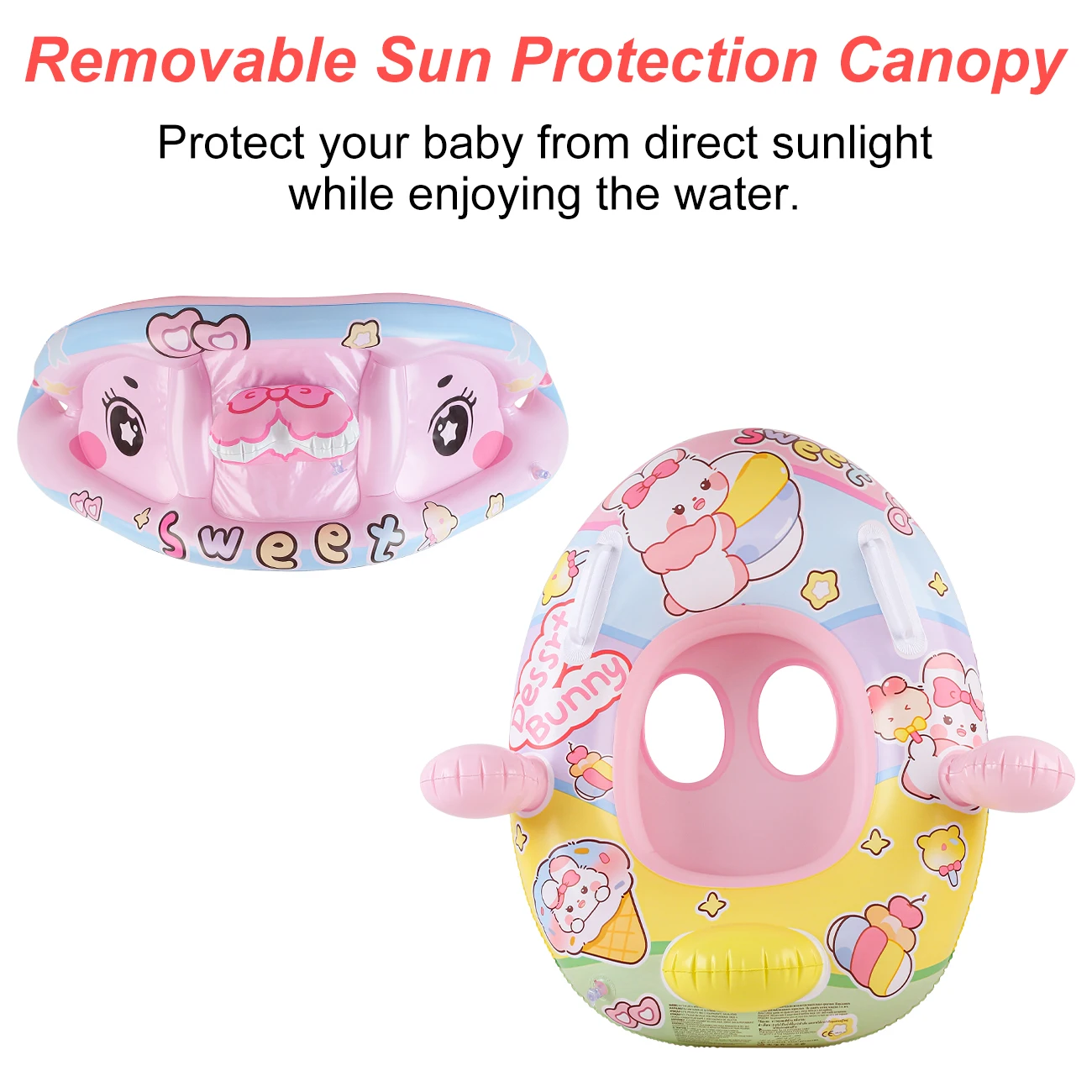 Tumbona inflable con sombrilla y conejito rosa para verano infantil - imagen 3