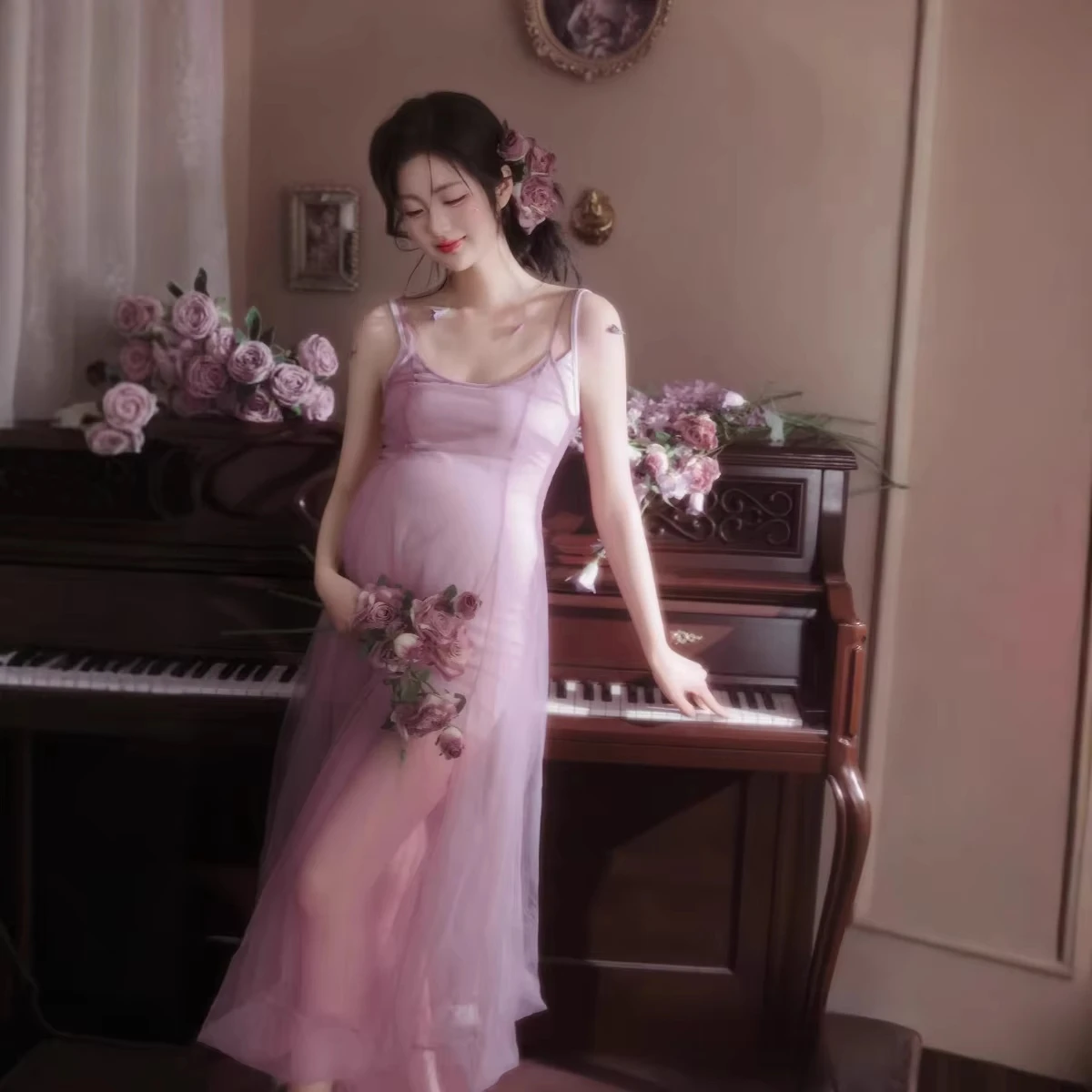Vestido de maternidad vintage francés rosa para sesión de fotos - imagen 3