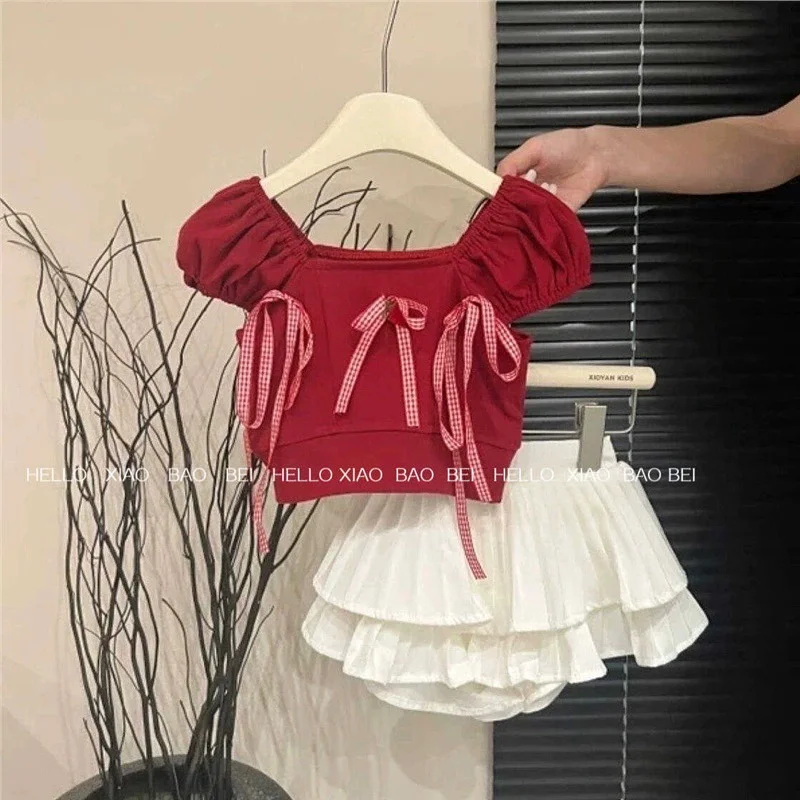 Conjunto de verano con falda y pajarita, estilo dulce