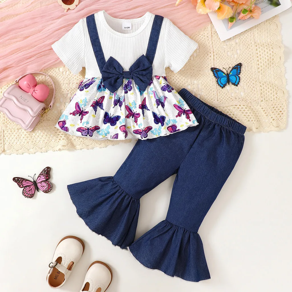 Conjunto de verano para niña con top mariposa y pantalón azul