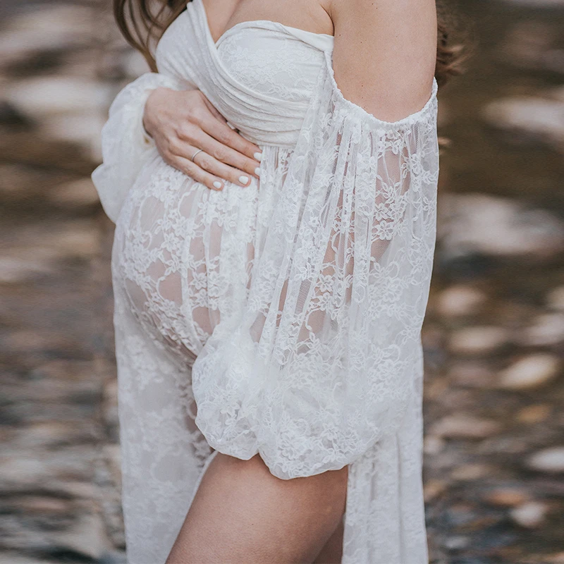 Vestido de maternidad encaje elástico con hombros descubiertos - imagen 3