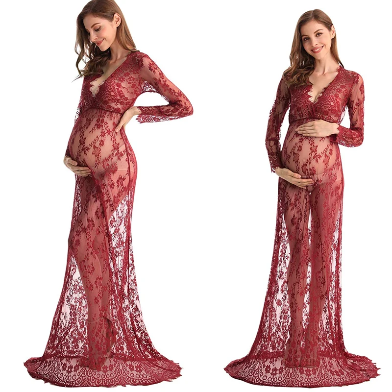 Vestido de maternidad con escote en V y manga larga de encaje - imagen 4