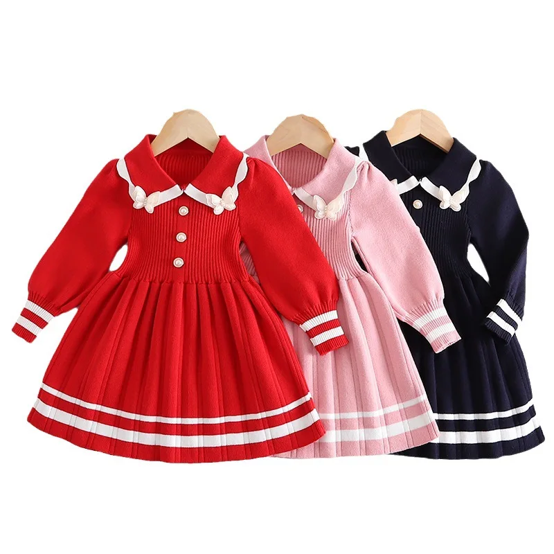 Vestido de punto para niña a rayas con lazo y perlas - imagen 4
