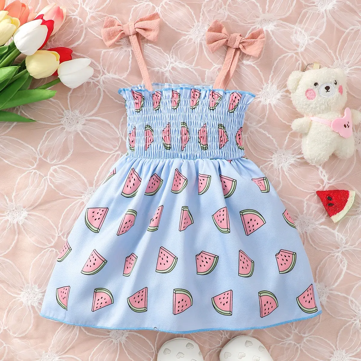 Vestido sin mangas de tirantes con lazo para niña, sandía de verano