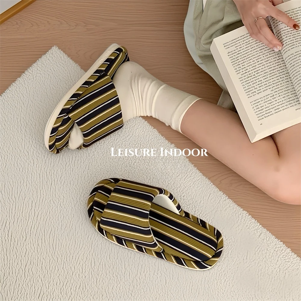 Zapatillas de casa antideslizantes en lino con rayas estilo coreano - imagen 5