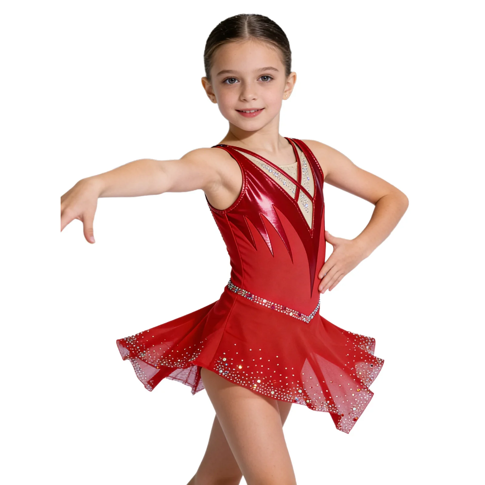 Niñas con diferentes tallas del traje de patinaje