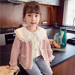 Cárdigan de punto rosa cuello redondo para niños