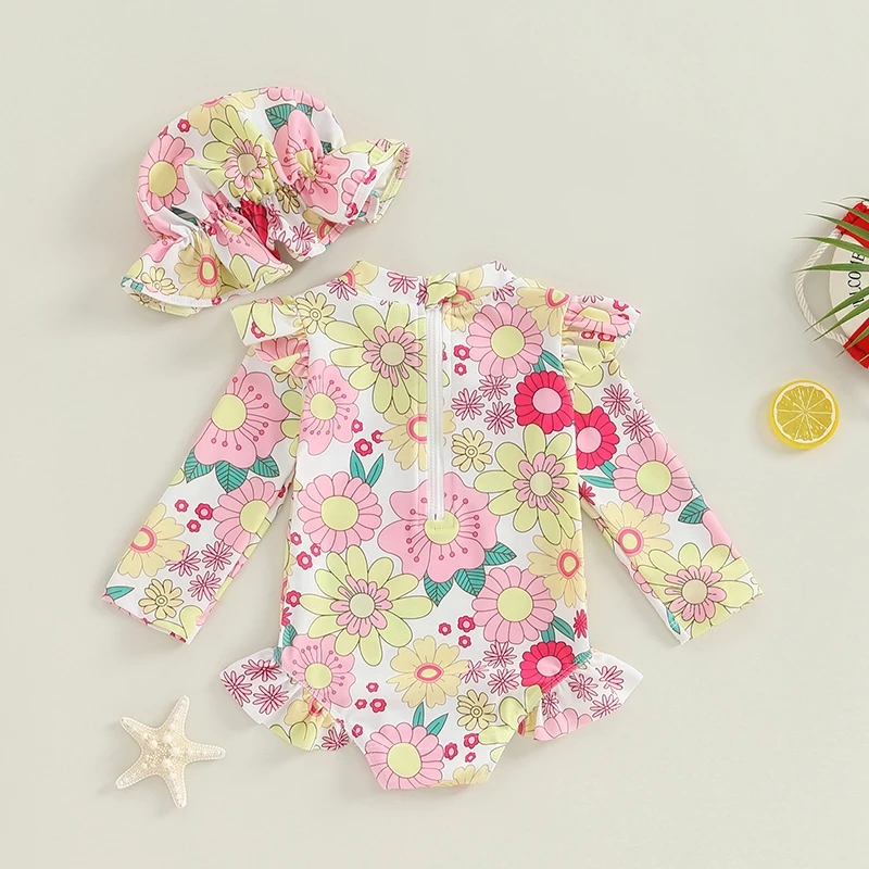 Tregren traje de baño infantil floral con manga larga y sombrero - imagen 3