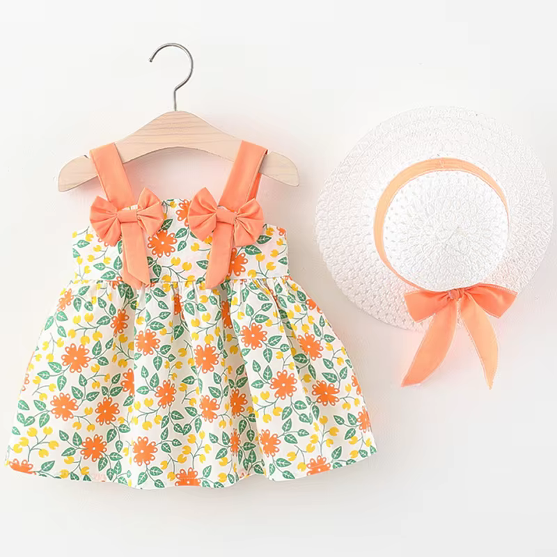 Vestido de princesa infantil con lazo y sombrero para niña verano - imagen 2