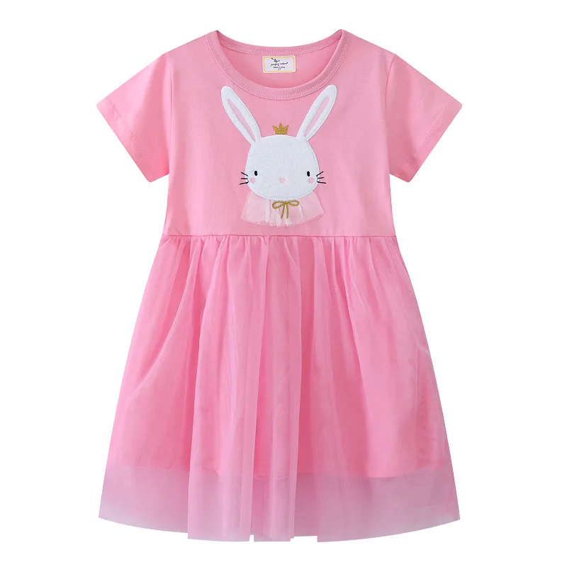 Vestido de malla manga corta para niña – Bordado conejo rosa