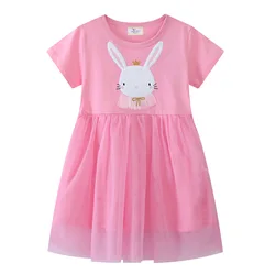 Vestido de malla manga corta para niña – Bordado conejo rosa