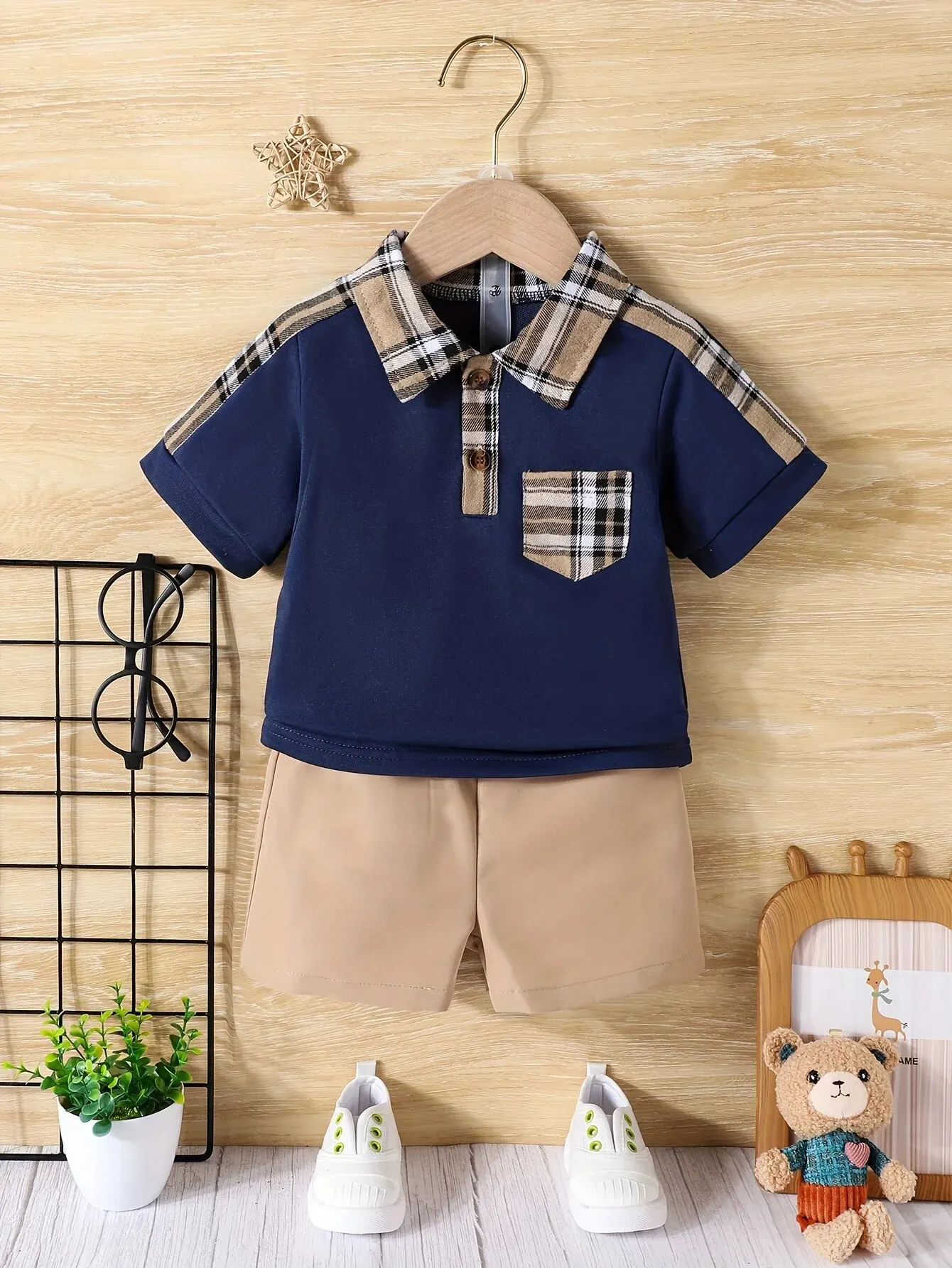 Conjunto bebé niño verano cuadros y pantalón corto casual - imagen 3