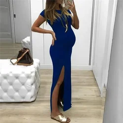 Vestido de maternidad largo entallado liso con cuello redondo