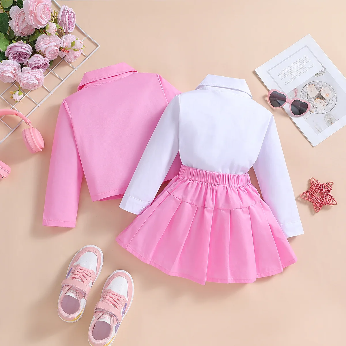 Conjunto algodon nina - Tops manga larga, abrigo y falda coreana - imagen 2