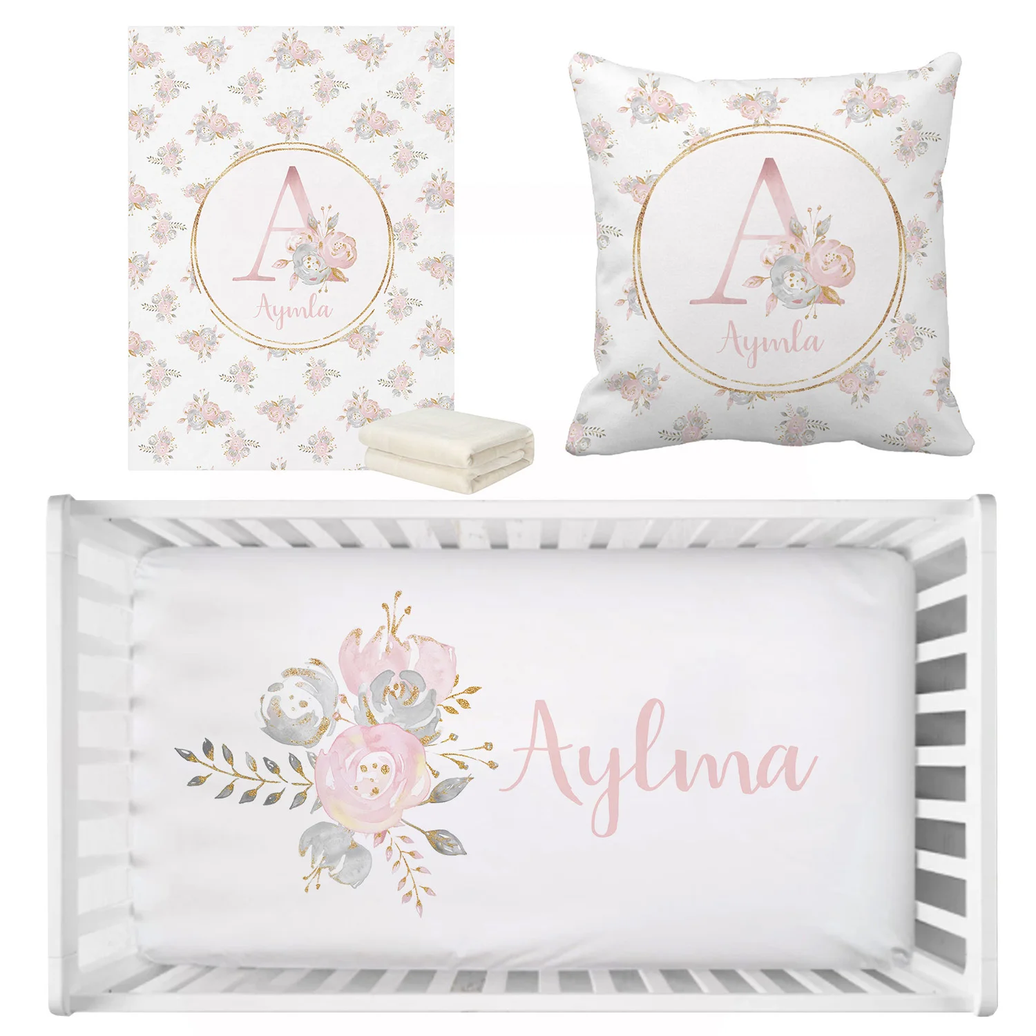 Juego de cama floral dorado con nombre personalizado para bebé - imagen 4