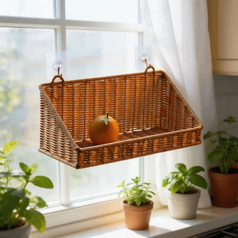 Cesta colgante de ratán tejida con ganchos para pared - imagen 4