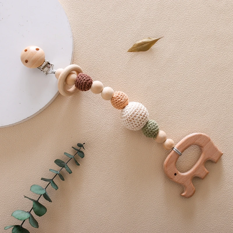Clips de cadena para chupete con cuentas de madera en tonos neutros