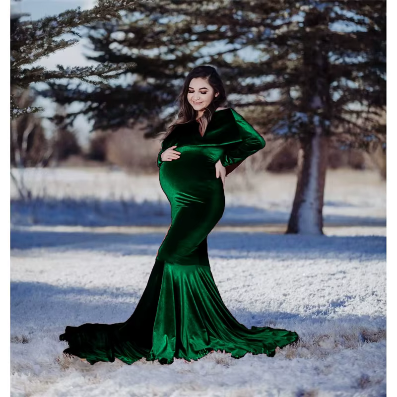 Vestido de maternidad invierno terciopelo dorado
