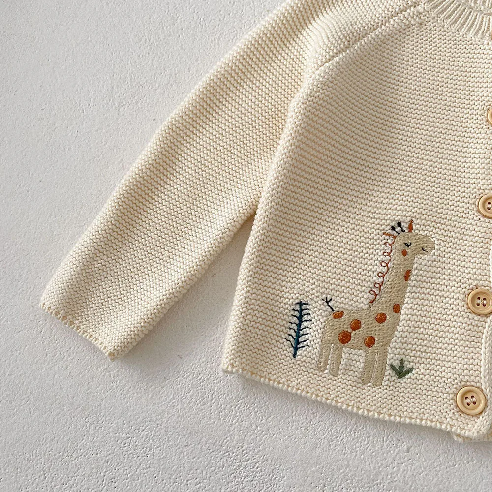 Suéter de punto bordado animales para niñas, beige, cuello redondo - imagen 4
