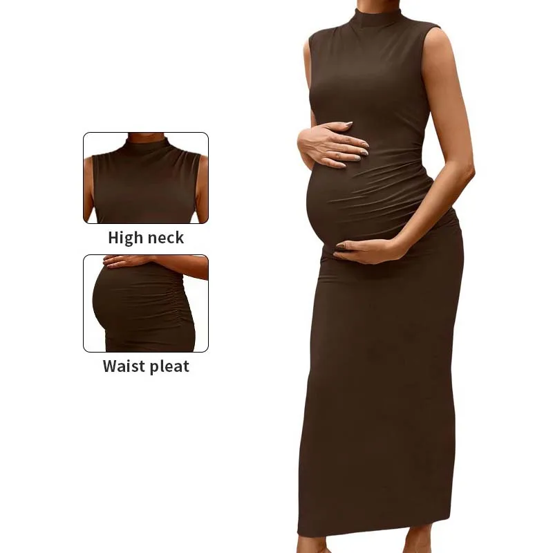 Vestido de maternidad cuello alto sin mangas liso ajustado elástico - imagen 2