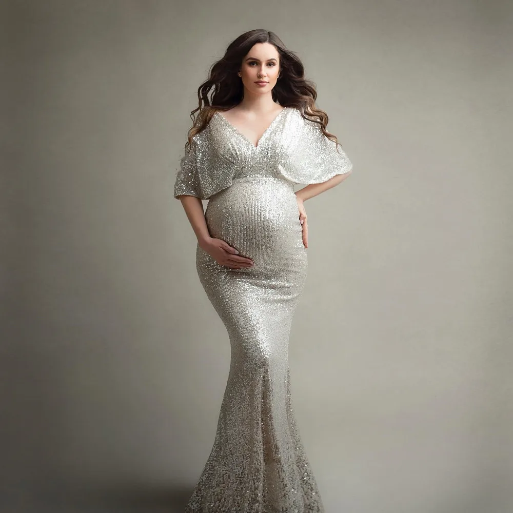 Vestido de lentejuelas largo para embarazadas con caída elástica - imagen 2