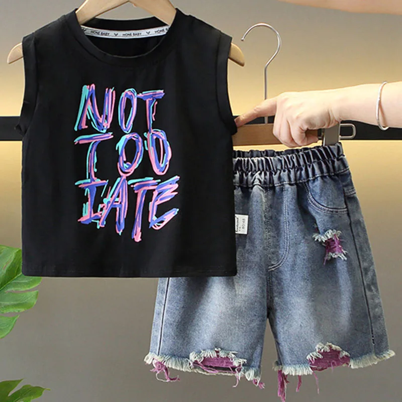 Conjunto verano bebé niño top algodón sin mangas vaquero corto - imagen 2