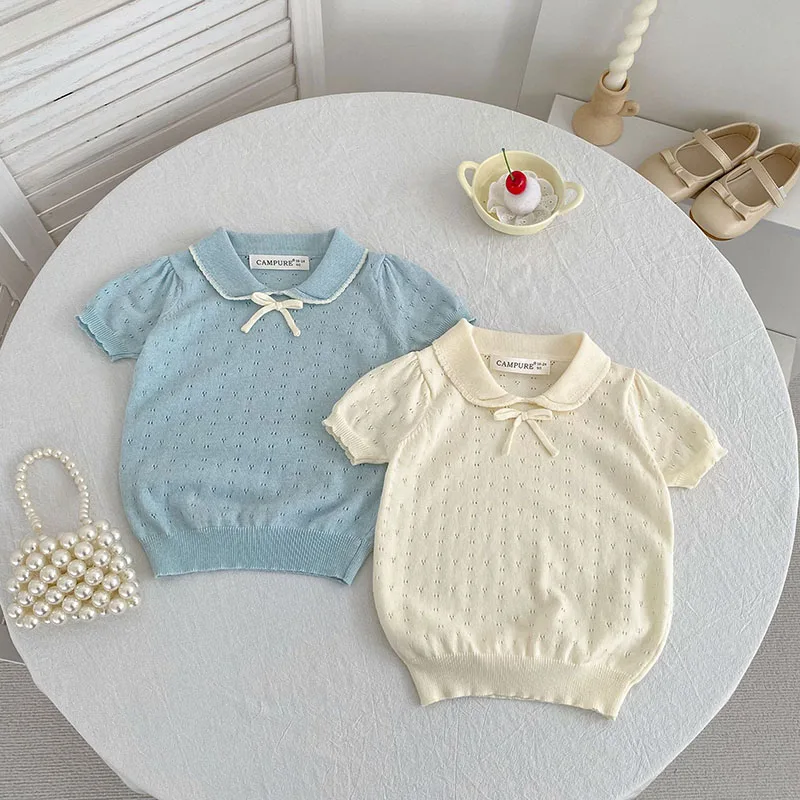 Camiseta niña calada con lazo y tejido ventilado para verano - imagen 2