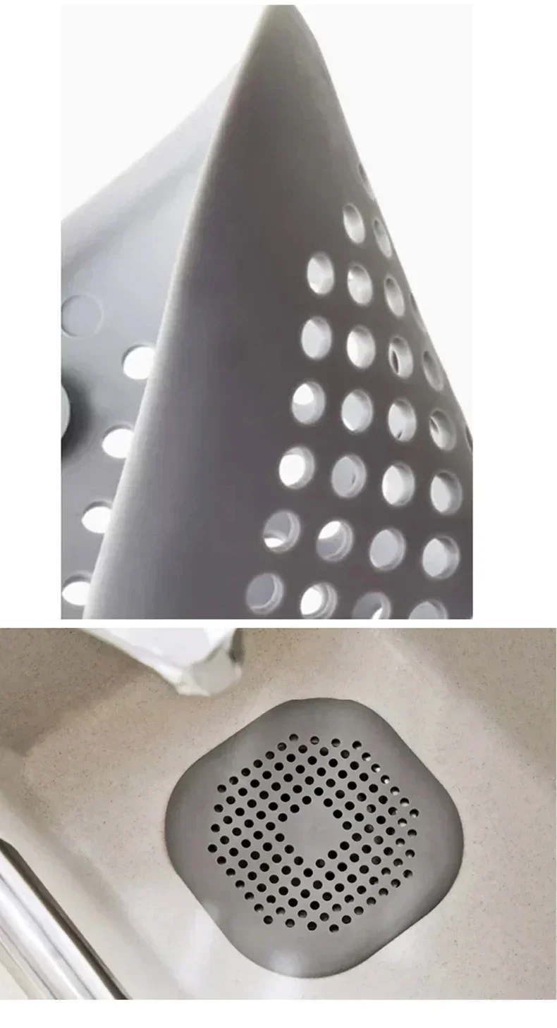 Tapón de desagüe con colador antipelo instalado en el suelo de una ducha capturando pelo y jabón