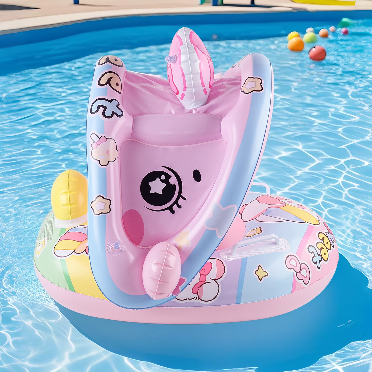 Tumbona inflable con sombrilla y conejito rosa para verano infantil - imagen 3