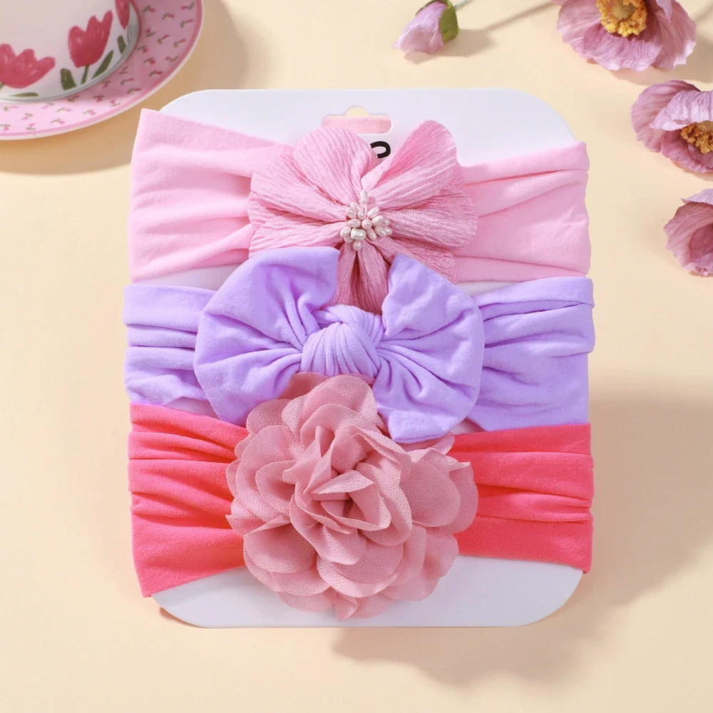 Diademas bebé de nailon liso con lazo flores encaje y donas - imagen 4
