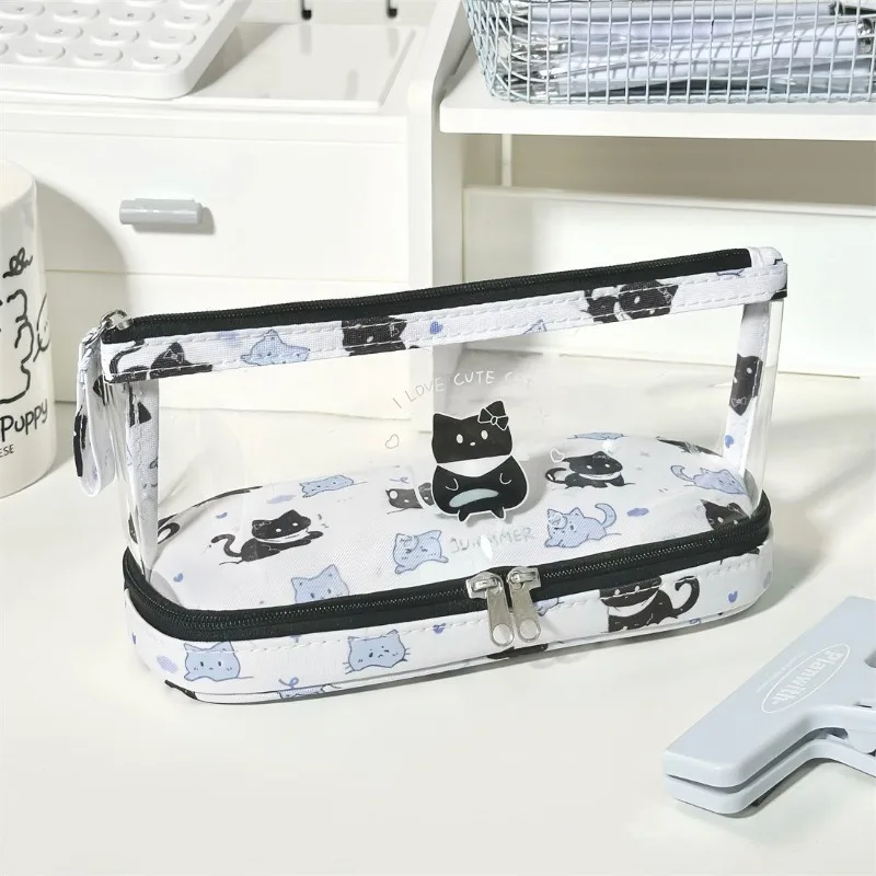 Estuche escolar doble capa con motivo gato para niños