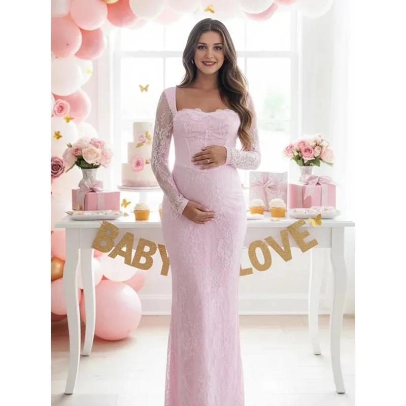 Vestido de encaje largo transparente para sesión de maternidad - imagen 5