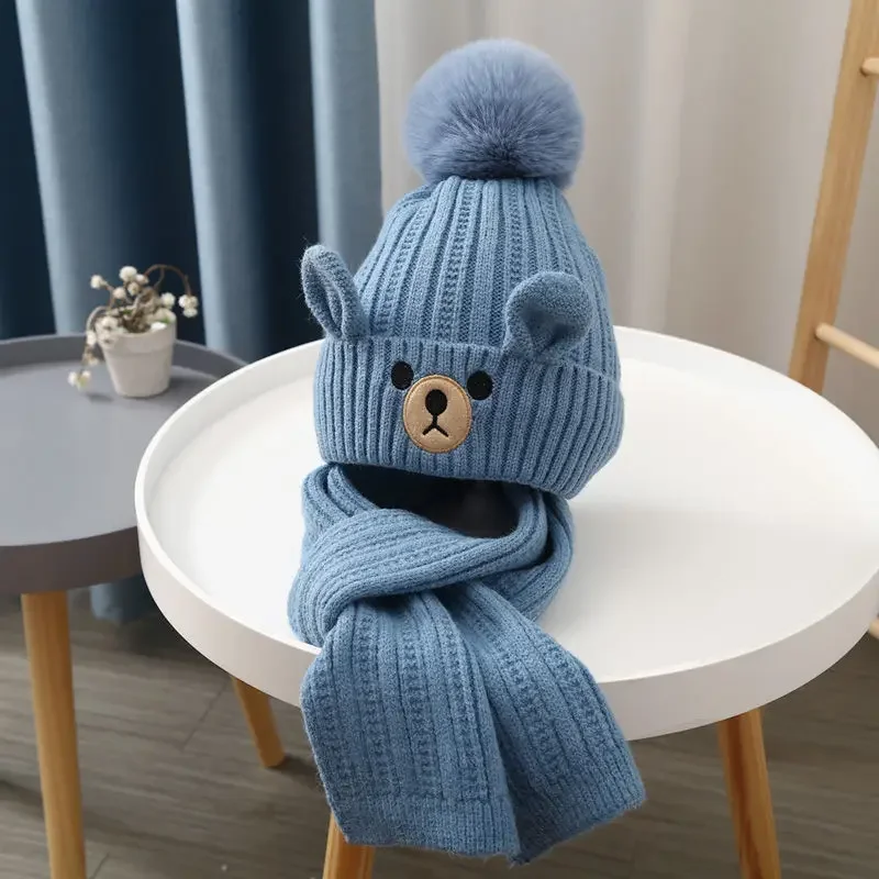 Gorro y bufanda de lana con osito para bebé invierno - imagen 4
