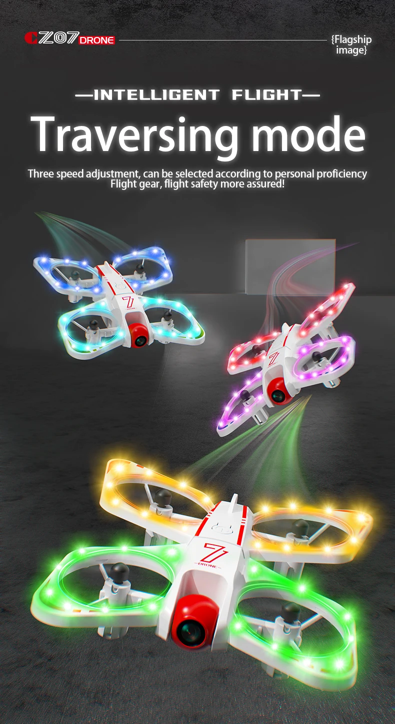 Iluminación colorida y modo de vuelo