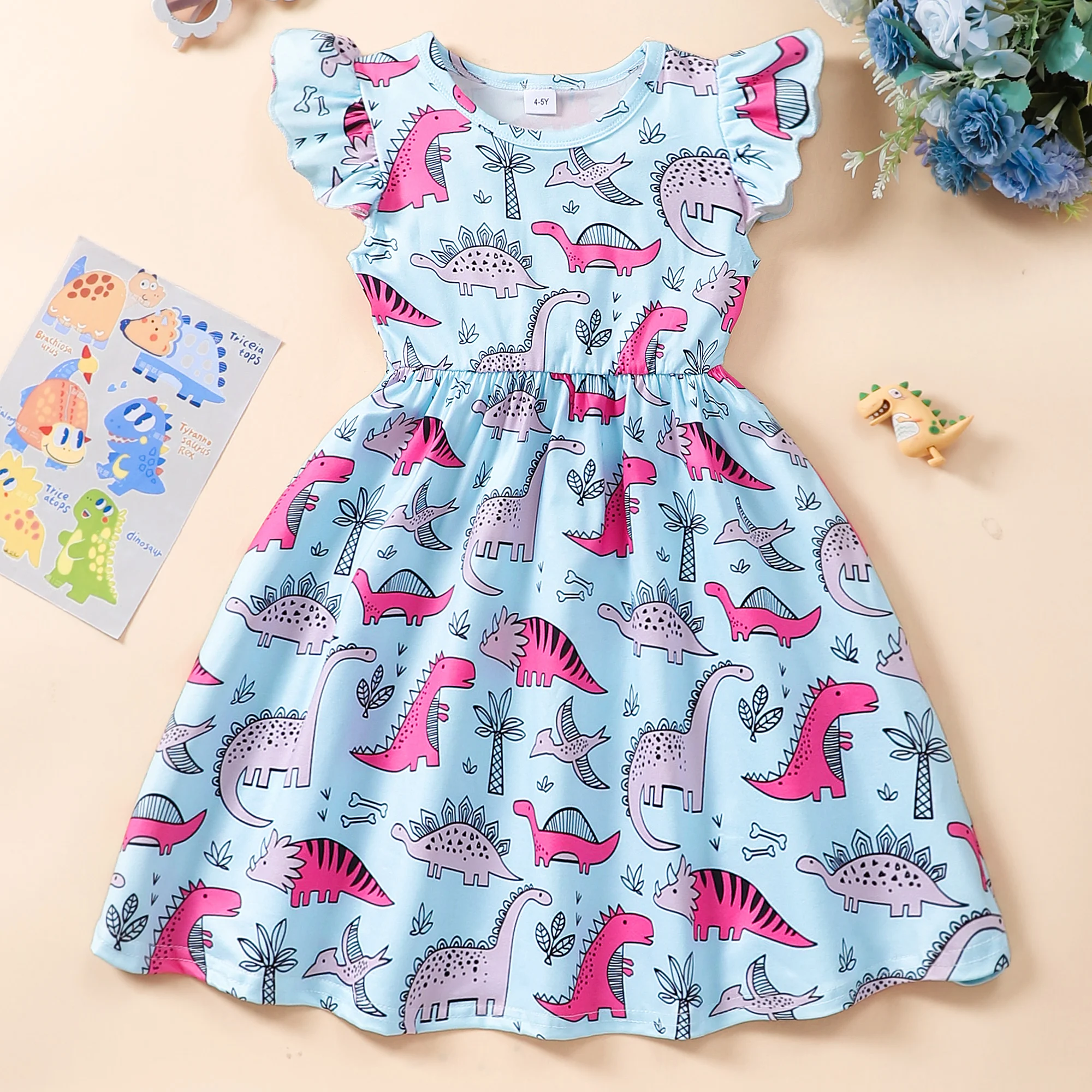 Vestido de verano para niñas manga corta con estampado dinosaurios - imagen 4