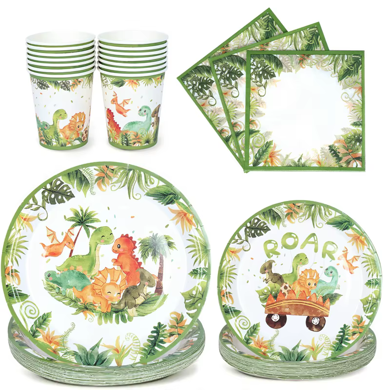 Platos y vasos con diseño de dinosaurio
