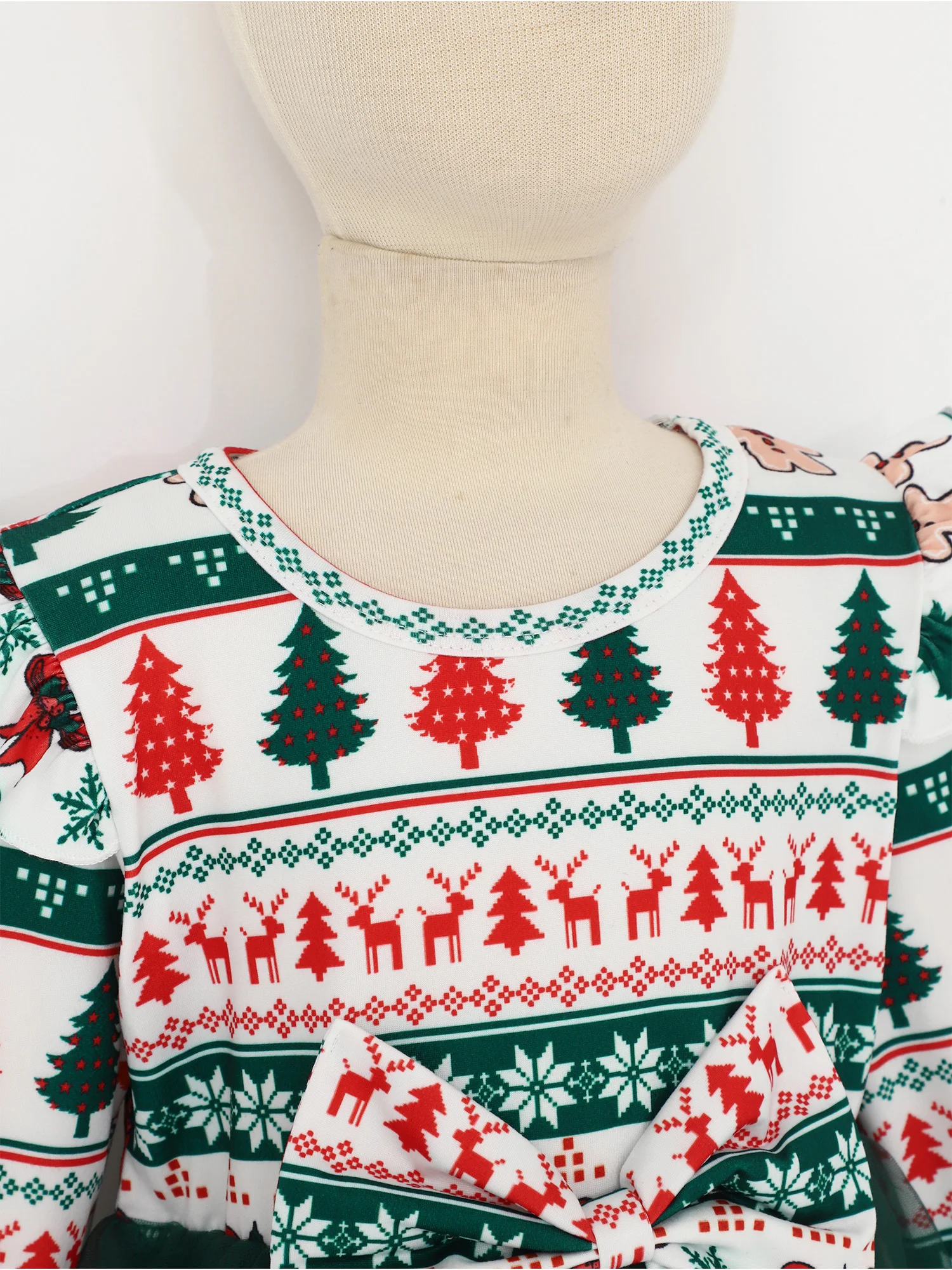 Vestido de niña de Navidad de manga larga con lazo estampado - imagen 4