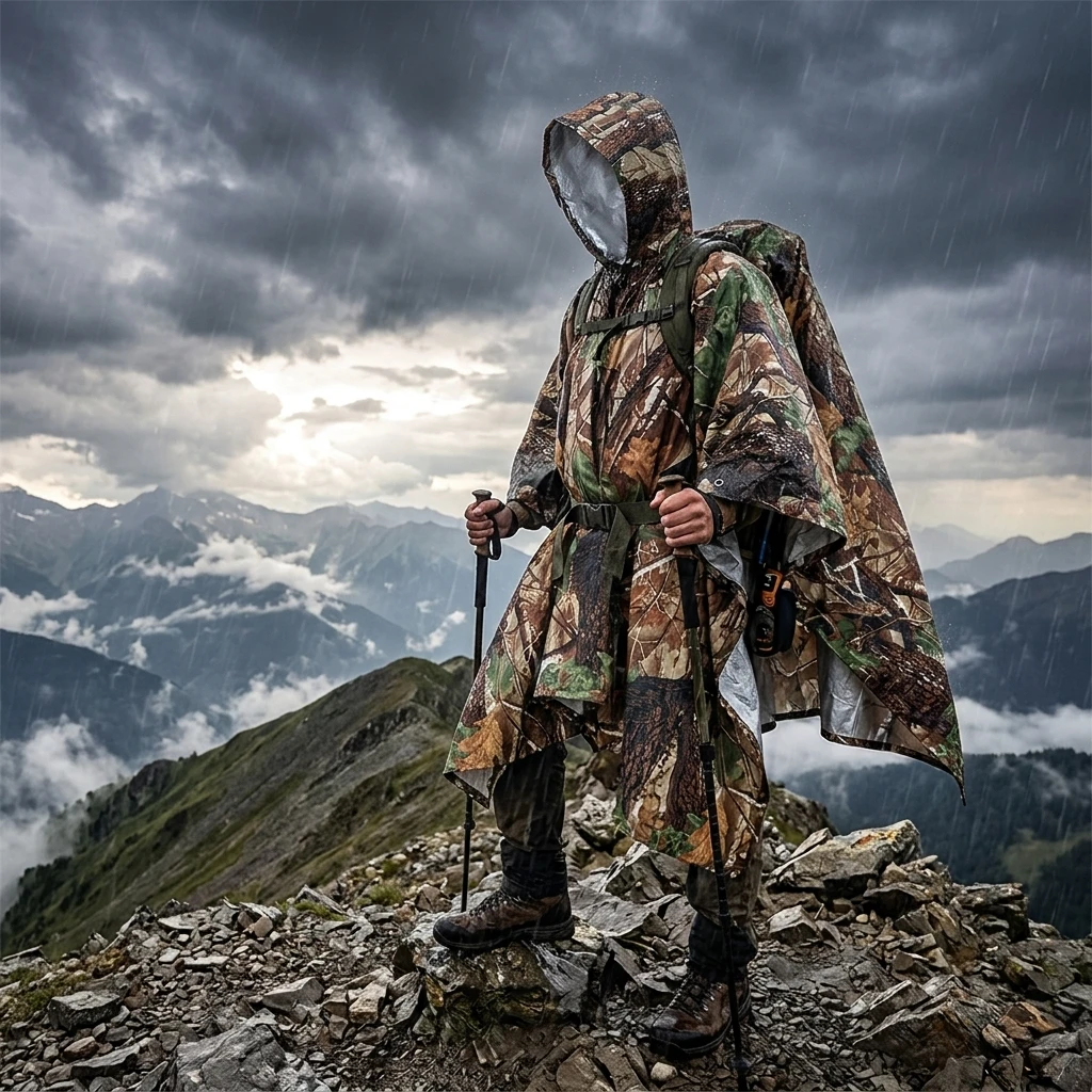 Poncho impermeable con capucha camuflaje para camping y trekking unisex - imagen 4