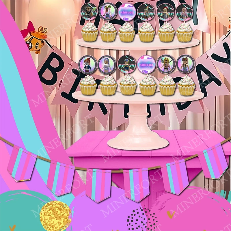 Adornos pastel Roblox rosa para cumpleaños y ducha de bebé - imagen 2