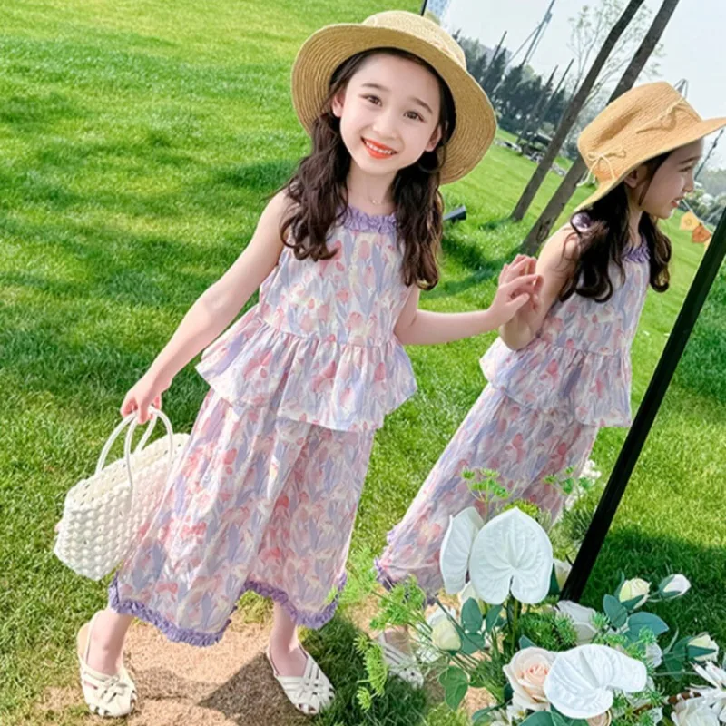 Conjunto de verano niña floral rosa top sin mangas y pantalón largo - imagen 5